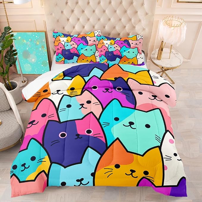 Cat Comforter Full Size - Full Size Comforter Girl Cat Cute Cat Bedding for Girls Kids Full Size Bedding Set Cats Colorful Cartoon Cat Comforter Set, 1 Comforter+2 Pillowcases