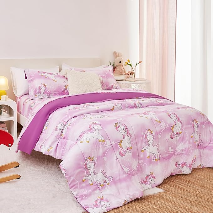 Unicorn Kids Comforter Set for Girls Twin, Cute Reversible Quilted Lavender Printed Bedding Set with Pillow Sham, Lightweight Soft Breathable Machine Washable Bed Set 2 Piece