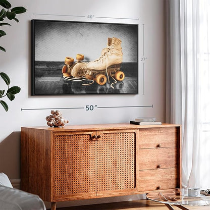 ElephantStock Vintage Skates Pop Wall Art - Horizontal Framed Canvas - 1-Piece Living Room Wall Decor - Sport Photography Canvas Print - Beige and Black Decor for Wall - 40" X 27"