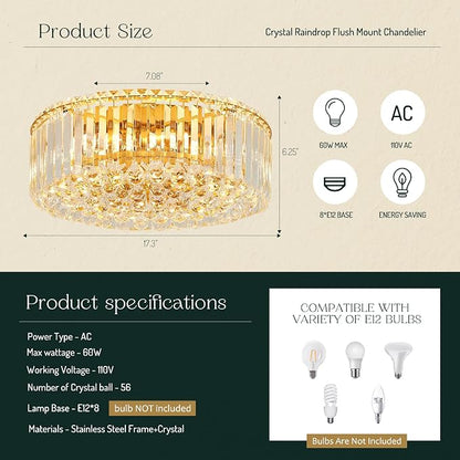 17.3" Gold K9 Crystal Raindrop Flush Mount Ceiling Light, Modern Chandelier, Round Luxury Light Fixture for Dining Room, Bedroom, Hallway, Kitchen Island & Living Room