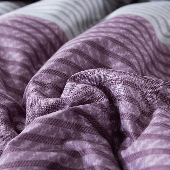 Andency Stripe Comforter Set Twin Size (66x90 Inch), 2 Pieces Purple and Gray Patchwork Striped Comforter, Soft Microfiber Down Alternative Comforter Bedding Set with Corner Loops