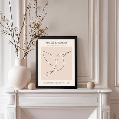 Poster Master Vintage Poster - Retro One Line Hummingbird Drawing Print - Bird Line Art - Minimal Gift for Him, Her, Animal Lover - Abstract Decor for Home, Office, 11x14 Black Framed