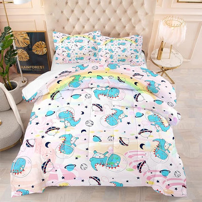 NINENINE Pink Dinosaur Comforter Set Colorful Rainbow Castle UFO Space Theme Bedding, Twin Comforter Sets for Boys Girls Kawaii Bedding Set with 1 Comforter 1 Pillowcase