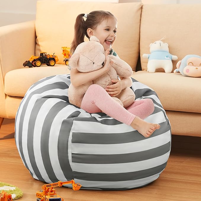 EXQ Home Kids Bean Bag Chairs Cover -Stuffed Animal Bean Bag Storage Grey and White Stripes-Zipper Bean Bag for Organizing Children Plush Toys Holiday Gift for Girl,Boys