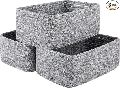 3 Pack Small Storage Baskets for Organizing, Cute Woven Decorative Gift Baskets for Shelves, Mini Closet Organizer Bins with Handles, 11.81''Lx7.87''Wx4.72''H-Grey