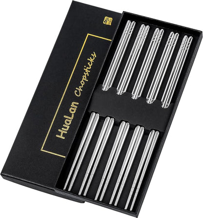Stainless Steel Chopsticks, Metal Alloy Chopstick, Reusable Non-slip Design Chop Sticks, 5 Pairs Gift Set,Silver