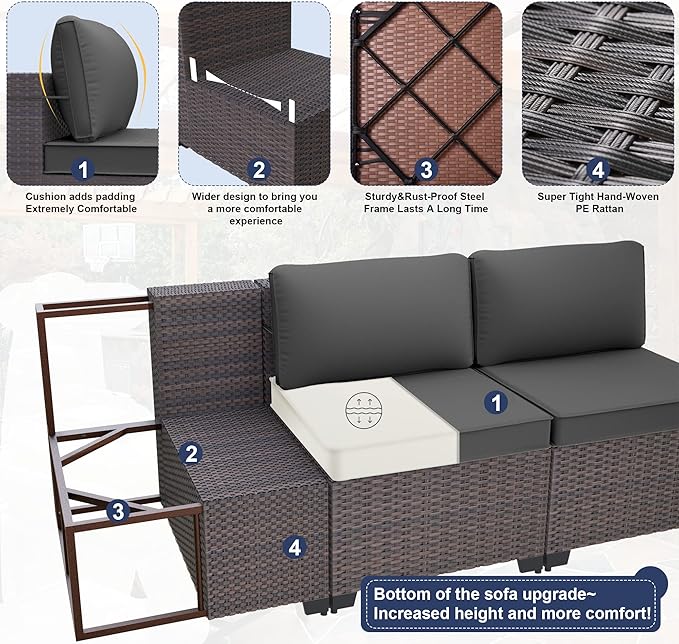 Patio Furniture Set with Fire Pit Table 13-Pieces Outdoor Sectional Furniture Outdoor Rattan Patio Conversation Sets with 43in 55,000 BTU Propane Gas Fire Pit Table Glass Table, Grey