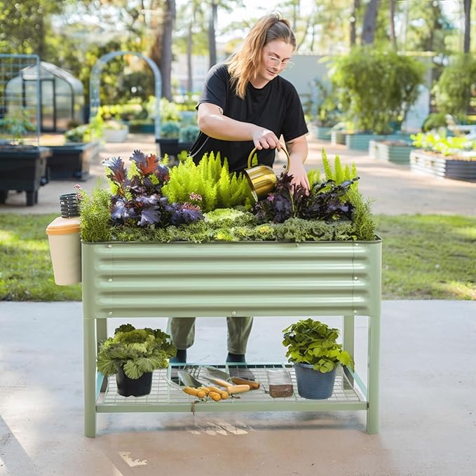 Elevated Raised Garden Bed-V Series, 2' x 8' Garden Beds with Legs & Storage Rack for Patio Porch, 1400 Lbs Weight Capacity, Outdoor Planter Boxes for Gardening Herbs Vegetables Flowers, Olive Green