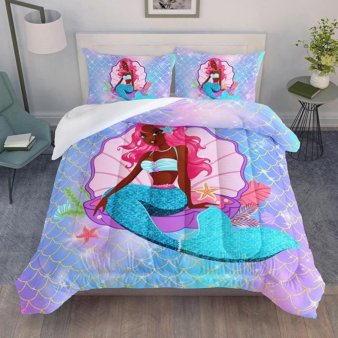Datura home Bedding Comforter Set Black Girl Magic Mermaid Printed Pattern Quilt with 1 and 2 Pillowcases for Girls Bedroom All Season(Black Blue Twin) Twin 68x86inches
