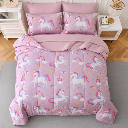 Kids Comforter Twin Bedding Sets for Girls, 6 Pieces Bed in a Bag with Shams, Sheet Set, Pink Unicorn Double Soft Microfiber Kids Comforter Bedding Set