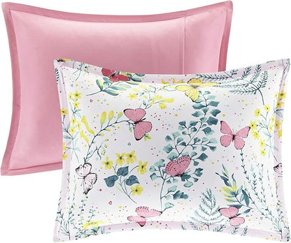Mi Zone Kids Cynthia Comforter for Girls Microfiber Animal Butterfly Print, Modern All Season Down Alternative Kids Bed Set, Matching Sham, Decorative Pillow, Twin, Pink 3 Piece