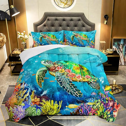 Kids Turtle Rose Comforter Set Queen Beach Theme Jellyfish Starfish Bedding Set Sea Animal Reptile Bed Set with 2 Pillowcases for Boys Girls Room Decor