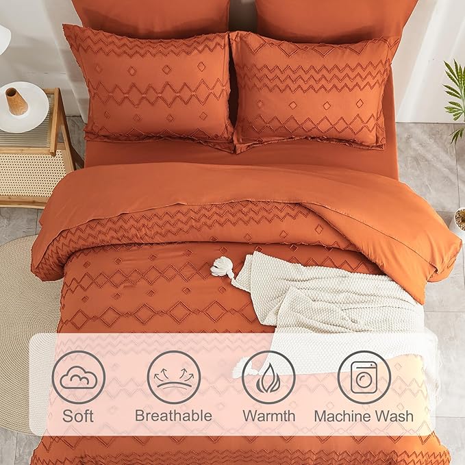 EMME King Comforter Set - 7 Pcs Pumpkin Boho Bedding Sets, King Size Tufted Comforter Set with Sheets, Shabby Chic Embroidery Bed Set Fluffy Bed Bag for All Season(102"X90")