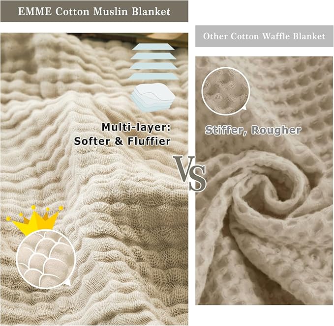 EMME Cotton Throw Blanket Large 50"x70" Gifts for Women 100% Muslin for Couch Breathable Gauze All Season Soft and Lightweight Pre-Washed (Light Tan)
