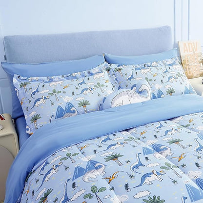 Mooreeke Kids Comforter Bed Set Full Size for Boys, 8 Pieces Bed in a Bag with Shams, Sheet Set and 1 Decorative Toy Throw Pillow, Dinosaur Blue Super Full Soft Microfiber Kids Comforter Bedding Set