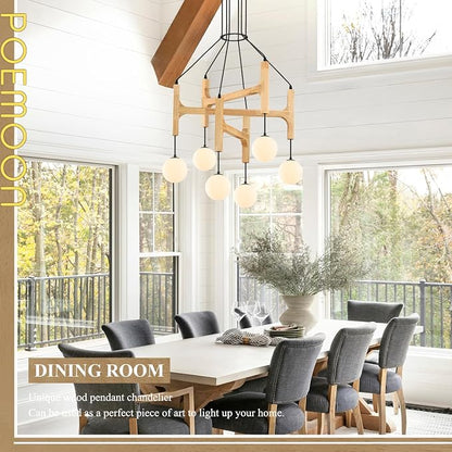 Wooden Chandeliers L28 '' Natural Farmhouse 6-Light Milk Glass Pendant Light Rustic Mid Century Long Hanging Lighting for Living Dining Room Entryway Foyer Bedroom Kitchen,G9