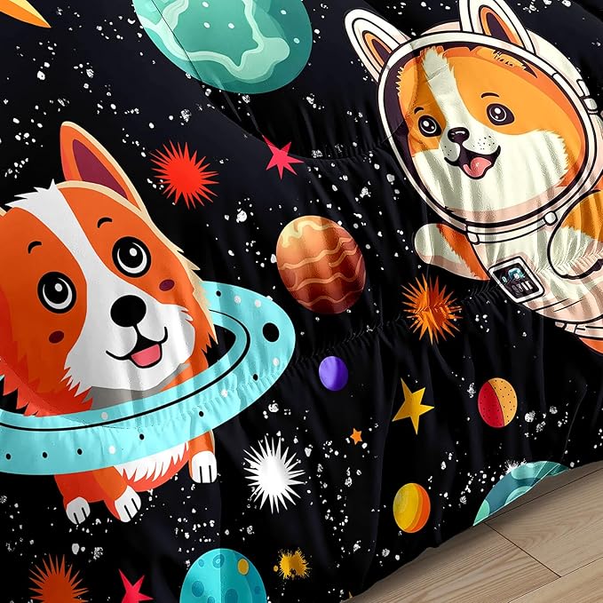 Dog Full Comforter Set for Boys Outer Space Dog Bedding Set Cute Cartoon Dog Astronaut Prints Bedding Kids Comforter Sets 3 Pieces Funny Space Dog Full Size Quilt Set with 2 Pillowcases