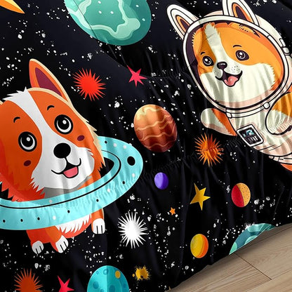 Dog Full Comforter Set for Boys Outer Space Dog Bedding Set Cute Cartoon Dog Astronaut Prints Bedding Kids Comforter Sets 3 Pieces Funny Space Dog Full Size Quilt Set with 2 Pillowcases