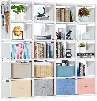 Mavivegue Book Shelf, 20 Cube Storage Organizer, DIY Bookcase, Metal Cube Bookshelf, Tall Book case for Bedroom, Living Room, Office, Closet Storage Organizer, Black Cubicle Storage Rack-White