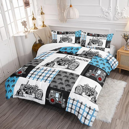 Axolotl Tractor Comforter Set Queen Size,Cartoon Truck Car Comforter Set for Boys,Farm Excavator Bedding Set with Old Tractor for Kids Boys Teens Adult All Season,1 Quilt 2 Pillowcases