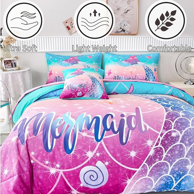 RYNGHIPY Kids Girls Comforter Set 6Pcs, Mermaid Bed in a Bag Full Size, Fish Tail Print Teens Girls Bedding Set, Rainbow Bedding Collections