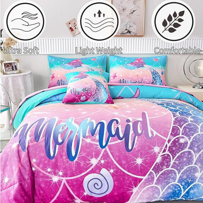 RYNGHIPY Kids Girls Comforter Set 6Pcs, Mermaid Bed in a Bag Full Size, Fish Tail Print Teens Girls Bedding Set, Rainbow Bedding Collections
