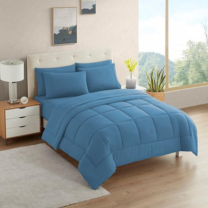 Dorm Room Essentials College Bedding Comforter Set 5 Piece Twin Size Bed in a Bag for College Students Boys and Girls, Twin, Denim Blue