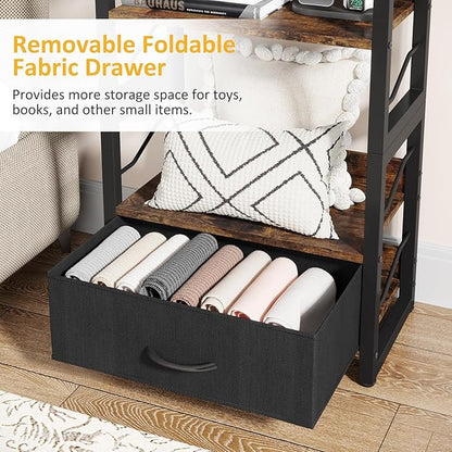 Small Bookshelf with Drawer: 4-Tier Wood Book shelf Industrial Narrow Bookcase Storage Organizer Metal Stackable shelves for Desktop Bedroom Living Room Home Office (Rustic Brown)