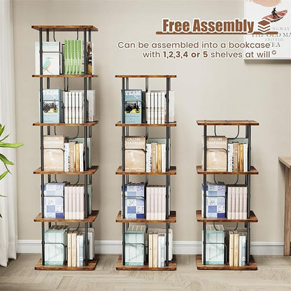 5 Tier Square Rotating Bookshelf, 360 ° Display Stackable Spinning Bookshelf Tower, Space Saving Tall Floor Standing Swivel Bookcase Corner Storage Organizer for Bedroom, Living Room, Rustic Brown