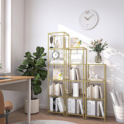 6-Tier Bookshelf,Metal Bookcase,Tempered Glass Shelves,Storage Rack Shelf for Home Office,Living Room,Bedroom, Bathroom,Modern Style,Golden