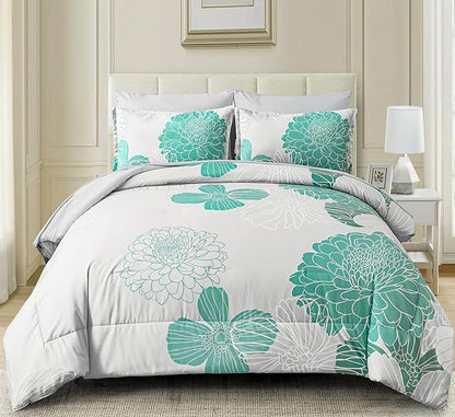 Yiran Grey Aqua Floral King Comforter Set Bed in a Bag Soft Microfiber Comforter Bedding Set 103"×90",7 Pieces (1 Comforter,2 Pillowcases,2 Pillow Shams,1 Flat Sheet,1 Fitted Sheet)