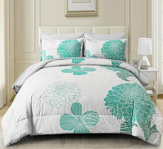 Yiran Grey Aqua Floral King Comforter Set Bed in a Bag Soft Microfiber Comforter Bedding Set 103"×90",7 Pieces (1 Comforter,2 Pillowcases,2 Pillow Shams,1 Flat Sheet,1 Fitted Sheet)