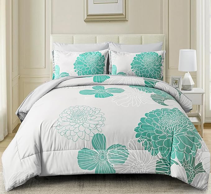 Yiran Grey Aqua Floral Queen Comforter Set Bed in a Bag Soft Microfiber Comforter Bedding Set 90"×90",7 Pieces (1 Comforter,2 Pillowcases,2 Pillow Shams,1 Flat Sheet,1 Fitted Sheet)