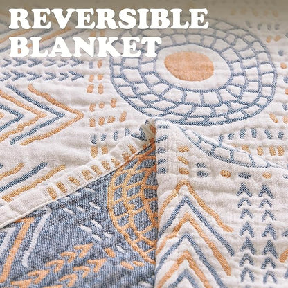 jinchan Boho 100% Cotton Muslin Twin Size 60x80 Throw Blanket Lightweight 4-Layer Orange Reversible Blanket Washable Breathable Geometric Striped Pattern Soft Comfy for Couch Bed Decor All Seasons