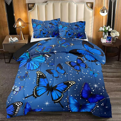 Butterfly Bedding Set for Girls, Butterfly Comforter, Blue Butterflies with Sparkle Stars Prints Comforter Set for Women Girls Butterfly Bedding Queen Size Quilt Sets, 1 Comforter + 2 Pillowcases