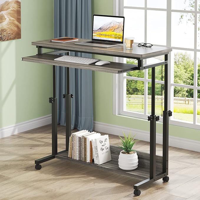 Tribesigns Portable Desk for Sofa and Bed, Height Adjustable Mobile Laptop Table Small Standing Desk Rolling Computer Cart with Keyboard Tray on Wheels for Home Office (Grey)