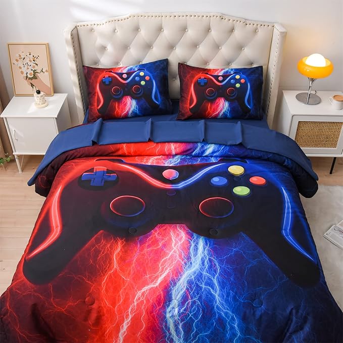 Meeting Story Gamer Gaming Bedding Sets Red-Blue Lightnings Gamepad Comforter Set for Boys Games Console Action Buttons Novelty Colorful Modern Room Decor Home Quilt Set (Red-Blue, Twin 5Pcs)