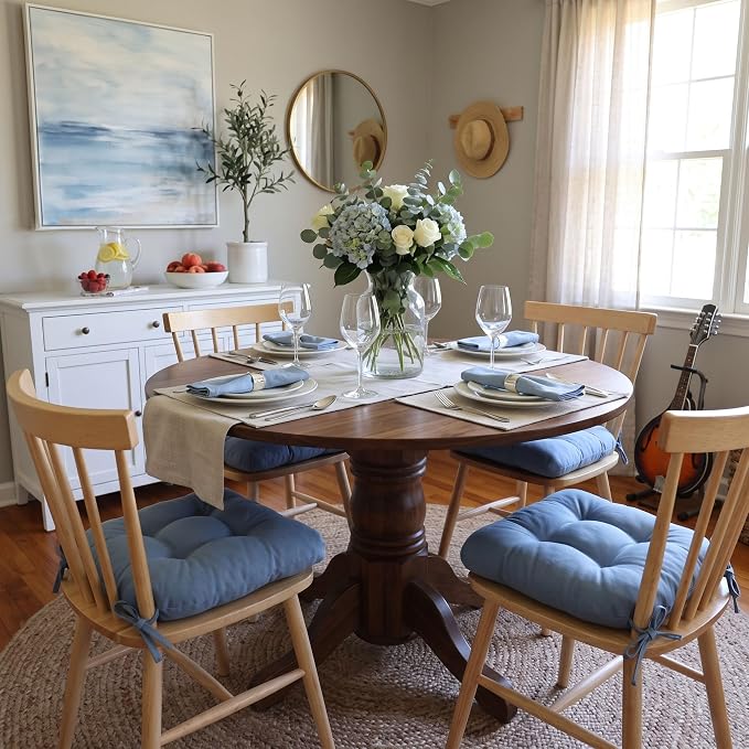 Barnett Home Decor Extra-Thick Dining Chair Pad with Ties - Solid Color Cotton Duck - Reversible, Latex Fill, Tufted Cushion - Bluebell