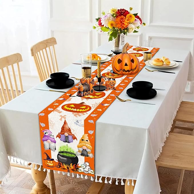 Halloween Table Runner, Halloween Table Runner 108 Inches Long, Halloween Gnomes Pumpkins Runners for Table, Black Cat Trick or Treat Decor Extra Long Burlap Runner Rug for Decorations Dining Room