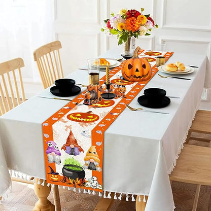 Halloween Table Runner, Halloween Table Runner 90 Inches Long, Halloween Pumpkins Gnomes Runners for Table, Black Cat Spider Web Holiday Decor Burlap Runner Rug for Home Decorations Dining Room