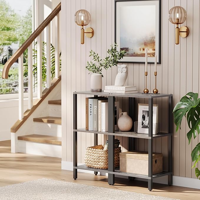 TUTOTAK Bookshelf, 6-Tier Tall Book Shelf, Narrow Bookcase for Small Space, DIY Stackable Bookshelf, for Living Room, Office, Study, Entryway, Industrial, Greige and Black BS01BG006