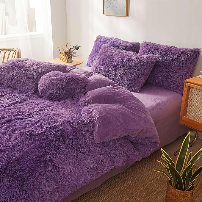 Fluffy dark purple comforters Cover twin size - Ultra Soft Plush red bedding Sets 2 Pieces (1 faux fur comforter Cover + 1 fuzzy pillow case) girls shaggy purple twin bed set (Dark purple, Twin)