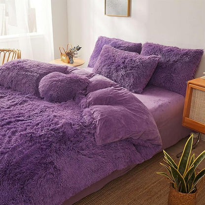 FOPPA Dark Purple fluffy Comforter Cover Set king- Ultra Soft fluffy Purple Bedding Sets 3 Pieces (1 Duvet Cover + 2 Pillow case) pink fluffy bed set (Dark Purple, King)