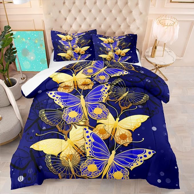 Butterfly Bedding Queen Size Comforter Set Blue Gold Butterfly Bedding Sets for Adult Teens Soft lightweight Bed Quilt Sets for Bedroom, 3 Piece 1 Comforter + 2 Pillowcases