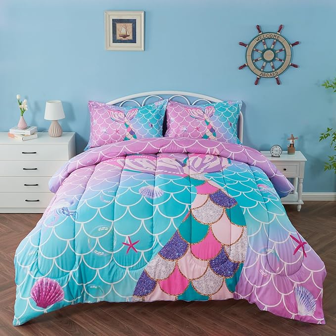 Twin/Twin XL Comforter Set for Girls Mermaid Tail Rainbow Scales Bedding Set 2 Pieces Twin Size Comforter with Pillowcase for Kids, Teenagers