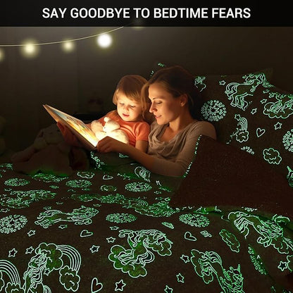 Mooreeke Glow in The Dark Twin Plush Fleece Comforter Bed Set, Soft & Warm 2 Piece Bed in A Bag with Sham, Velour Velvet Pink Unicorn Girls Kids Bedding Set, Fluffy Fuzzy Polar Cozy and Stylish