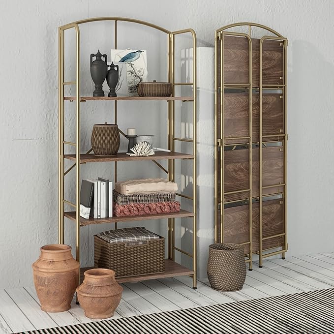 No Assembly Folding Bookshelf, Metal Book Shelf for Storage, Folding Bookcase for Office Organization and Storage (Brown and Gold, 4 Tiers)