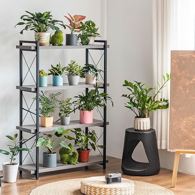 HCHQHS Bookshelf, 4-Tier Industrial Bookcase, Rustic Open Book Shelf, Freestanding Tall Bookshelves with Metal Frame