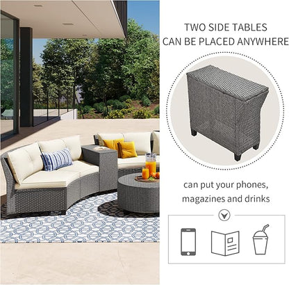 9 Pieces Outdoor Furniture Half Moon Wicker Patio Sets with Coffee Table, All-Weather Fan-Shaped Curved Sectional Sofa Couch with Beige Cushions, Onesize, Gray Rattan