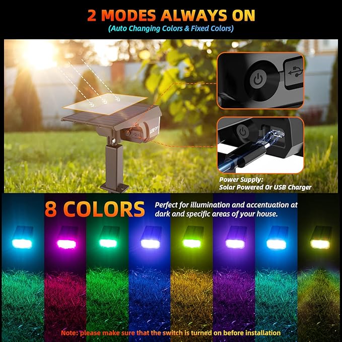 Color Solar Lights Outdoor Waterproof Spotlights with 9 Light Modes, Color Changing Solar Outdoor Lights for Decorate Festivals, Colored Solar Spot Lights Auto On/Off, RGBW 6 Pack